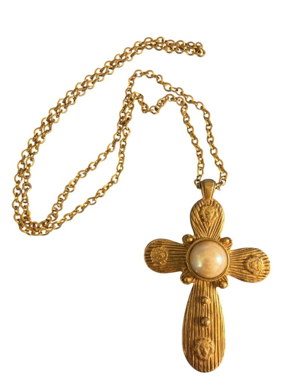 Vintage Large Gold Tone Cross Pendant Necklace Lion Head Faux Pearl Estate 30"